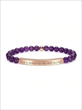 18K Gold Plated Amethyst Beaded Bracelet Bible Verse Stretch Faith Gift